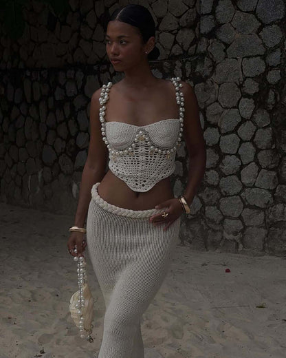 Spring Summer Sexy Solid Color Crop Top Spaghetti Strap Beaded Top Short Sets