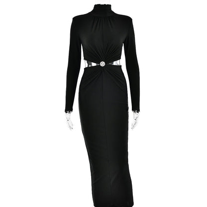 Half High Collar Long Sleeves Stitching Dress Women Sexy Backless Pleated Dress Winter