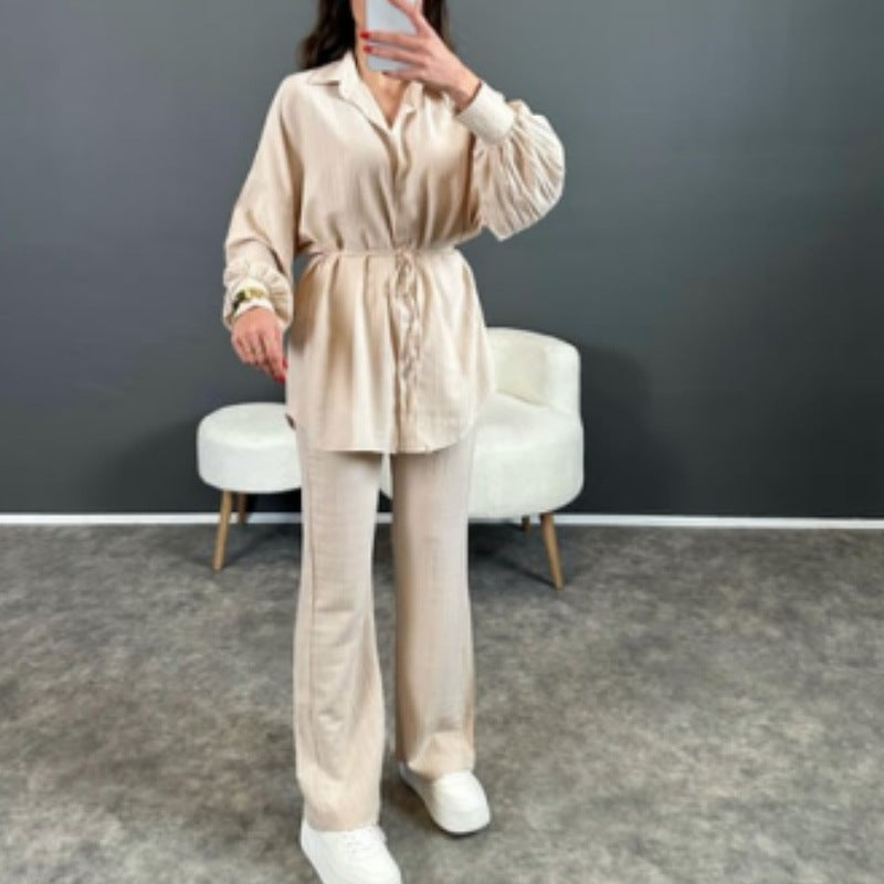 Women Bubble Long Sleeve Loose Lace up Shirt Straight Casual Pants Two Pieces Sets