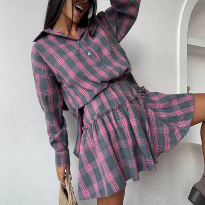 Casual Check Skirt Set Women Collared Loose Shirt Lace up Pleated Skirt Two Piece Set