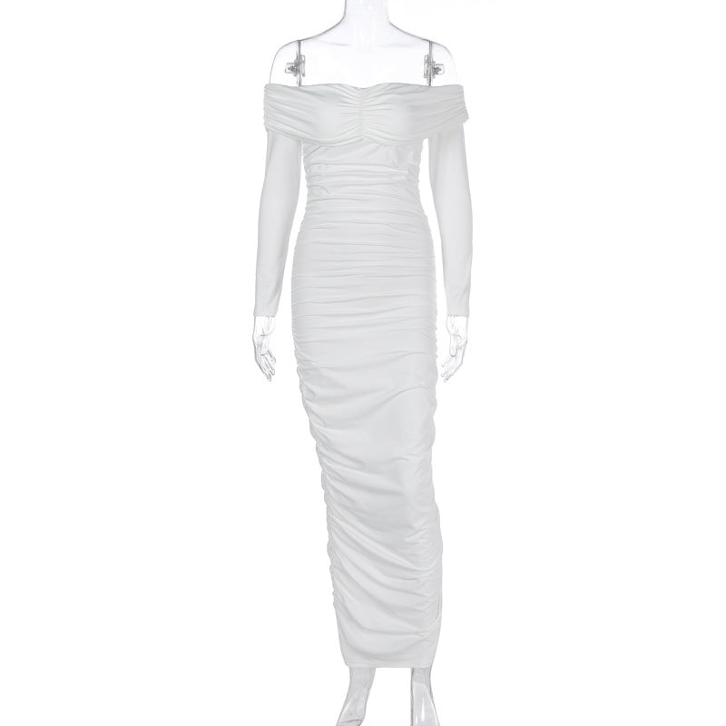 Solid Color Sexy off the Shoulder Maxi Dress Elegant Pleated Long Sleeve Dress Women