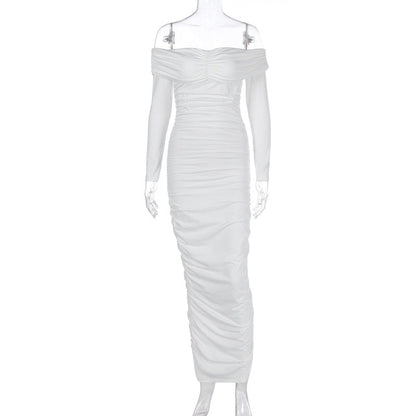 Solid Color Sexy off the Shoulder Maxi Dress Elegant Pleated Long Sleeve Dress Women