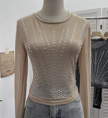 Diamond Embedded Thin Sheer Mesh Long Sleeve T shirt Slim Short Backless Top Women