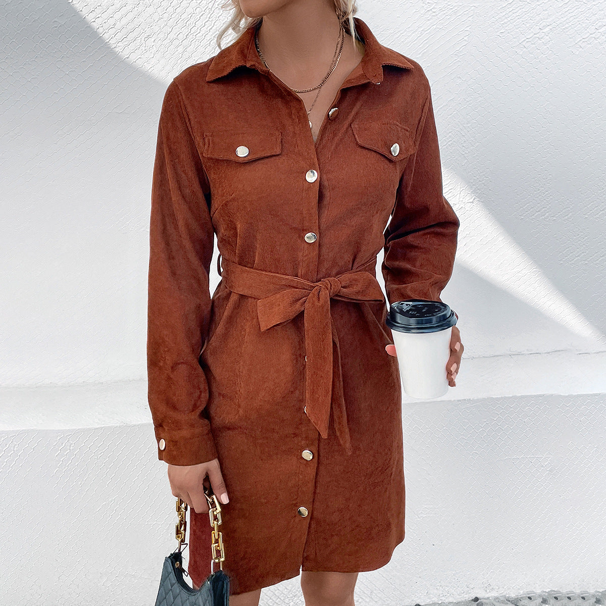 Women Collared Corduroy Belt Dress Spring Autumn Winter Women Clothing