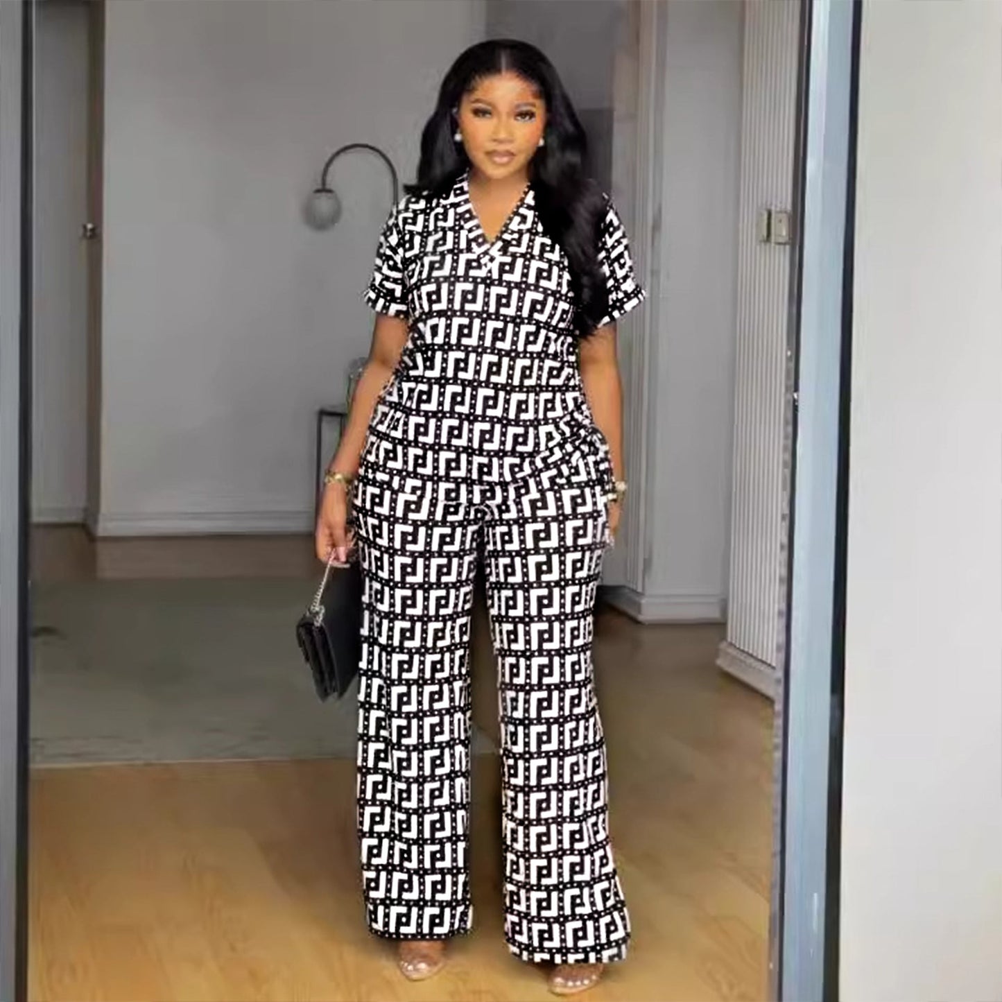 Women Printed V neck Pleating Wide Leg Pants Two Piece Set