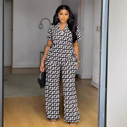 Women Printed V neck Pleating Wide Leg Pants Two Piece Set