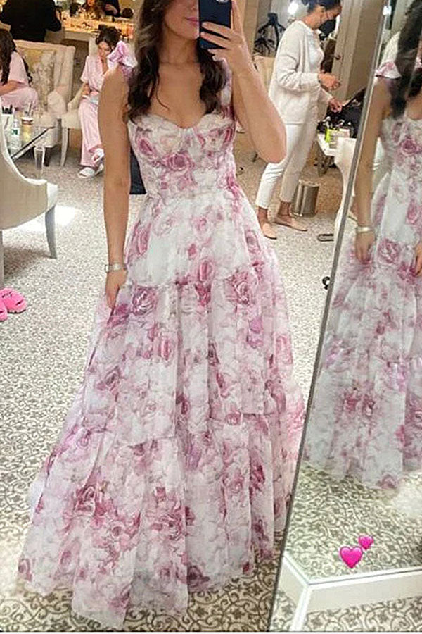 Fairytale Itself Organza Floral Print Tie Strap Maxi Dress