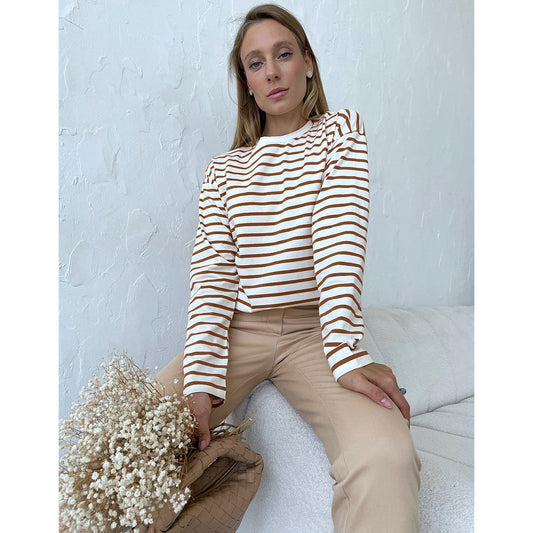 Long Sleeved Striped T shirt Spring Trendy Wild Casual round Neck Cotton Striped T shirt