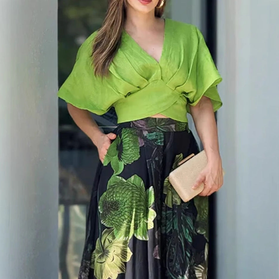 Women Casual V neck Loose Printed Two Piece Sets