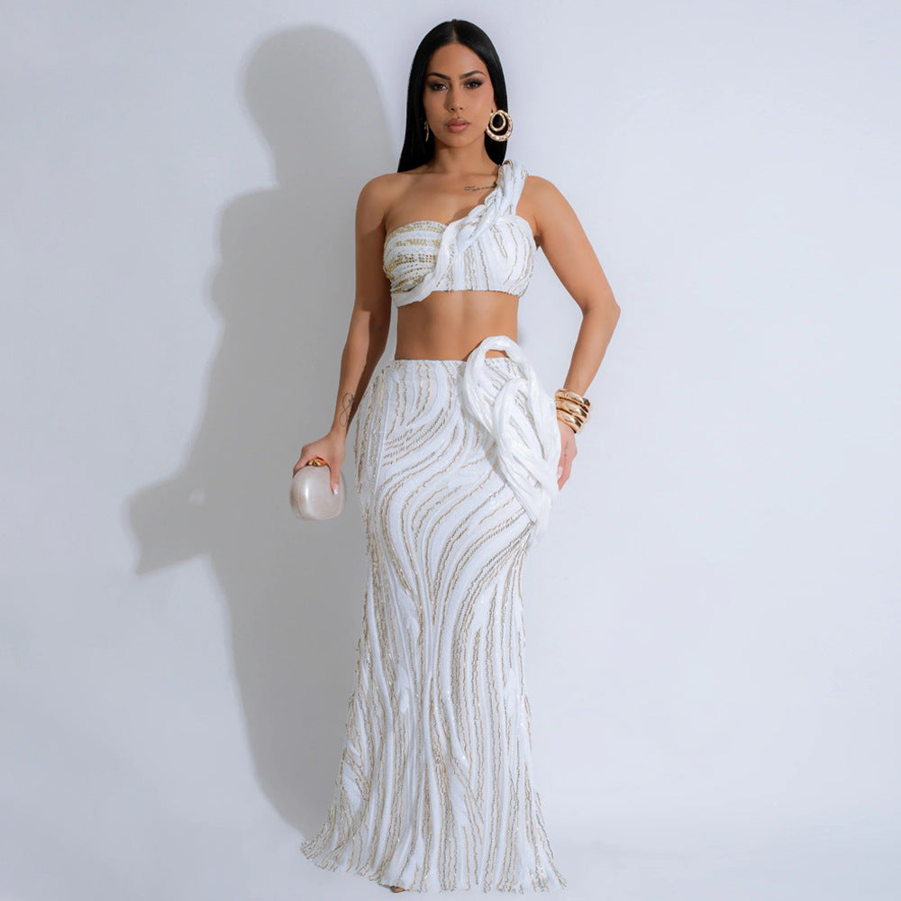 Women Sleeveless One Shoulder Short Length Top with Sexy Sheath Skirt Sets