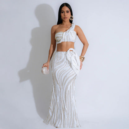 Women Sleeveless One Shoulder Short Length Top with Sexy Sheath Skirt Sets