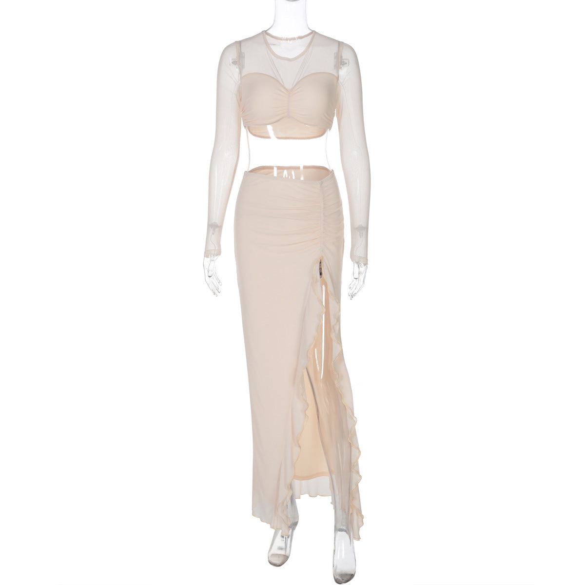 Women Clothing Winter Long Sleeve Mesh Double Layer Stitching Sexy Split Maxi Dress Two Piece Sets
