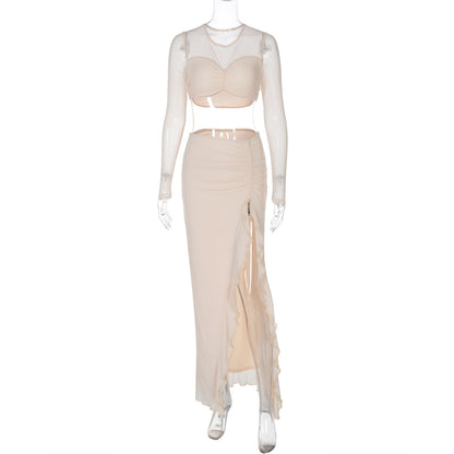 Women Clothing Winter Long Sleeve Mesh Double Layer Stitching Sexy Split Maxi Dress Two Piece Sets