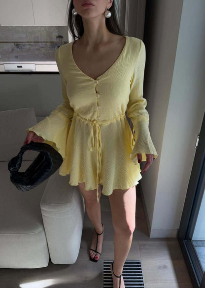 Lemon Aura - Flared Sleeve Button Romper
