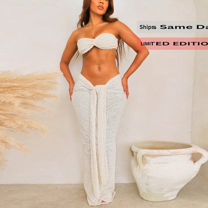 Fall Women Clothing Sexy Lace Tube Top High Waist Slim Fit Tied Long Skirt Set Women