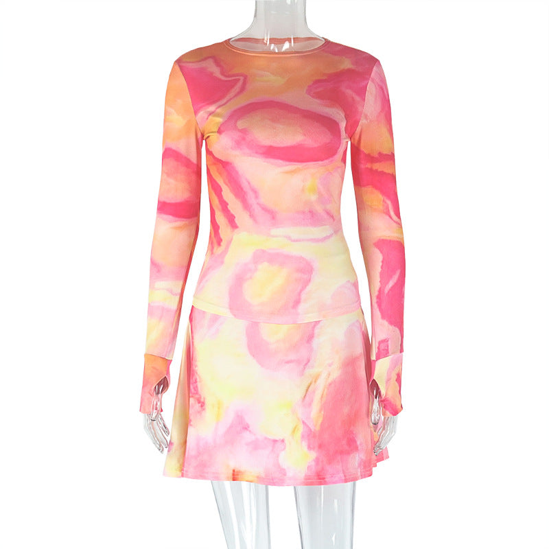 Micro Transparent High Collar Skirt Set Printed Loose Waist Wrap Two Piece Set Fresh Trendy Women Clothing