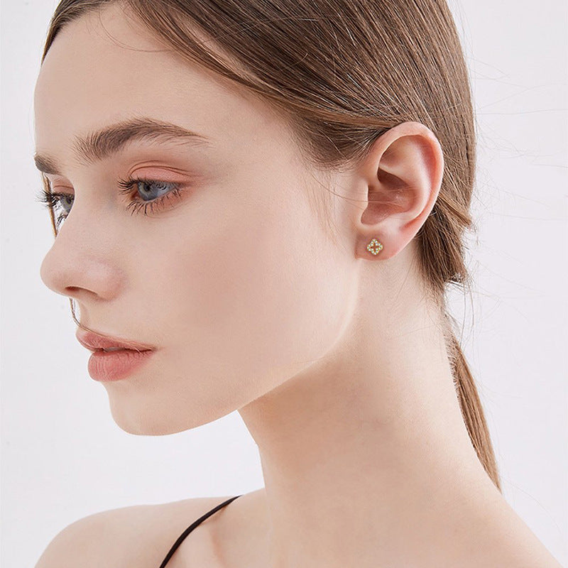 Gold Plated Micro Pavé Clover Stud Earrings