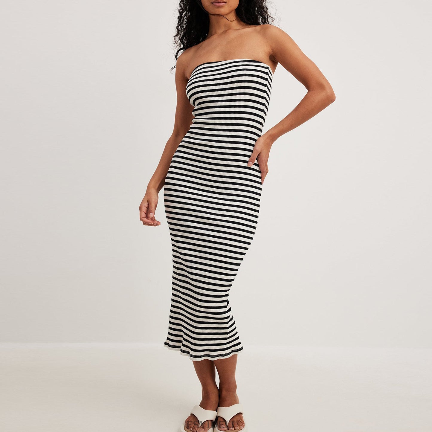 Vacation Dress French Elegant Knitted Maxi Dress Summer Striped Stitching Sexy Strapless Dress Maxi Dress