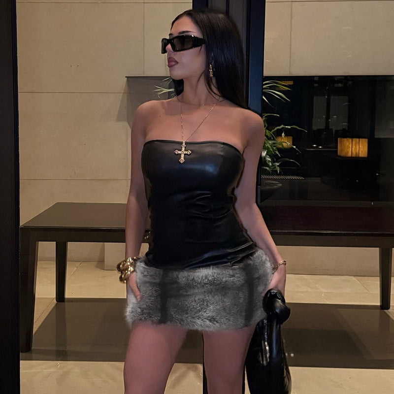 Women Clothing Autumn Winter Collarless Leather Tube Top Plush Stitching Hip Short Dress
