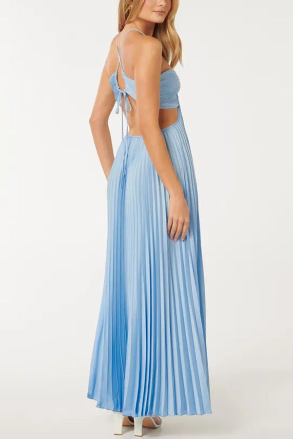 Caught Your Eye Satin Pleated Cross Straps Cutout Flowing Maxi Dress