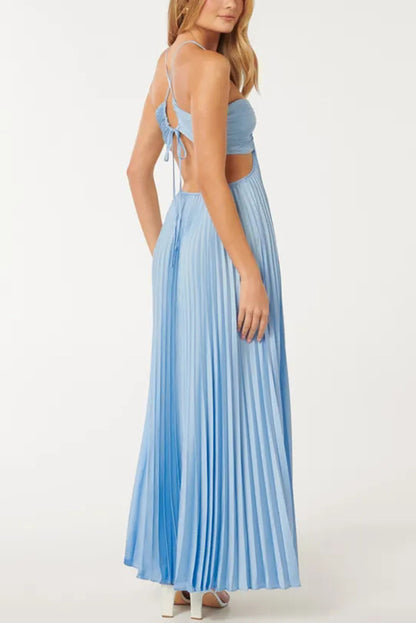 Caught Your Eye Satin Pleated Cross Straps Cutout Flowing Maxi Dress