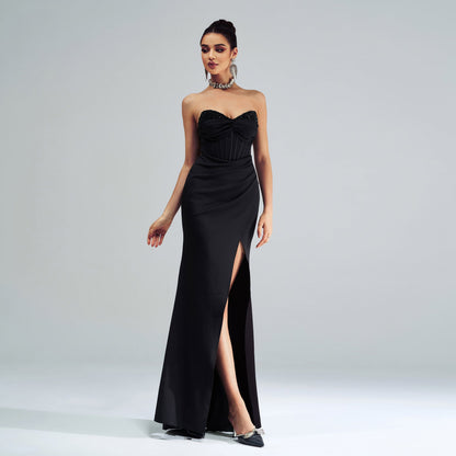Women Clothing High Grade off Neck Wrapped Chest Sheath Split Cocktail Evening Dress Bridesmaid Dress