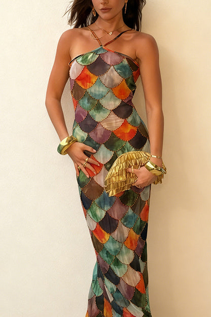 Little Mermaid Colorful Scales Print Halter Maxi Dress