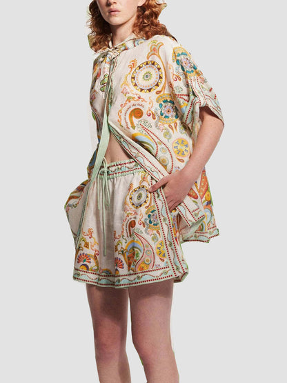 Linen Graffiti Linen Macaron Collared Shorts Sets