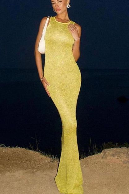 U Neck Sleeveless Sequin Bodycon Maxi Dress