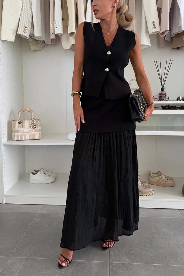 Stylish and Elegant Knit Gold Buttons V-neck Loose Vest