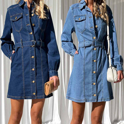 Denim Dress Women Autumn Winter Long Sleeved Denim Dress Washed Office Denim Dress