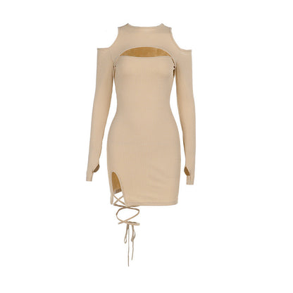 Autumn Sexy Hip Slim Fit Lace up Hollow Out Cutout Dress Women