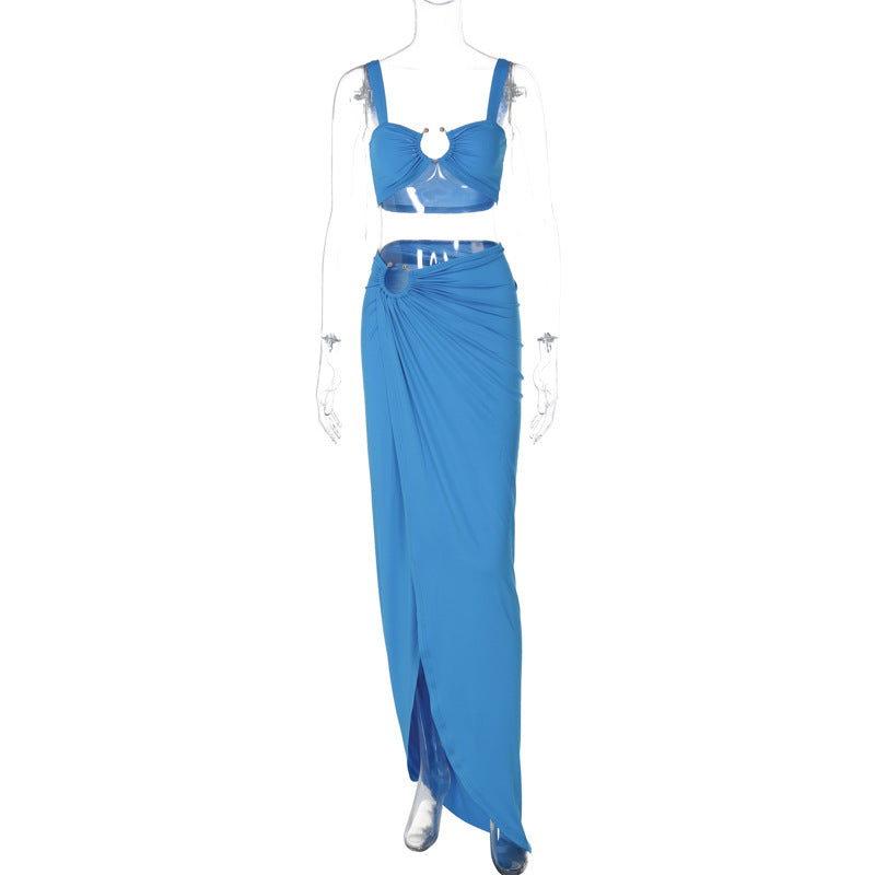 Women Clothing Spring Summer Sexy Sling Bandeau Slim Fit Fold Split Skirt Set