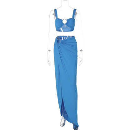 Women Clothing Spring Summer Sexy Sling Bandeau Slim Fit Fold Split Skirt Set