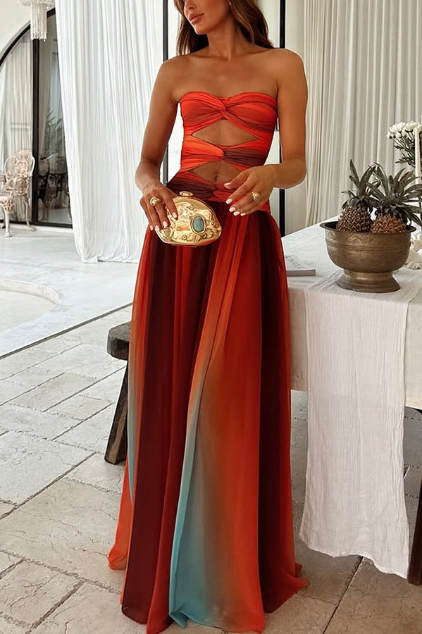 Ladies' Sunset Sexy strapless Fashion Tassel Printed Twisted Hollow Off Shoulder Vacation Long Dress