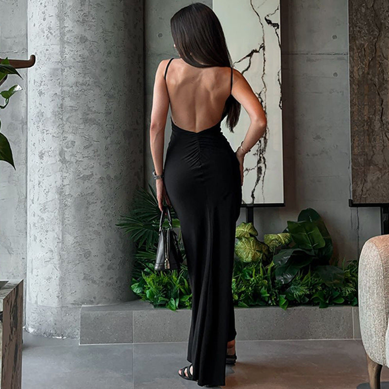 Spring Women Clothing Sexy Slim Fit Backless Sling Solid Color Dress Women