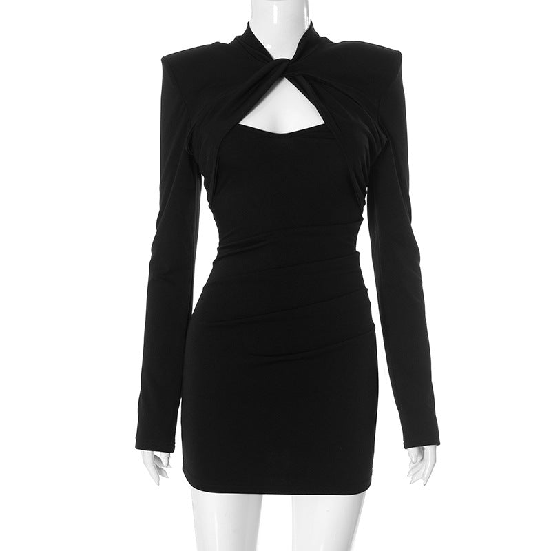 Women Clothing Solid Color Casual Twist Padded Shoulder Waist Tight Hip dress