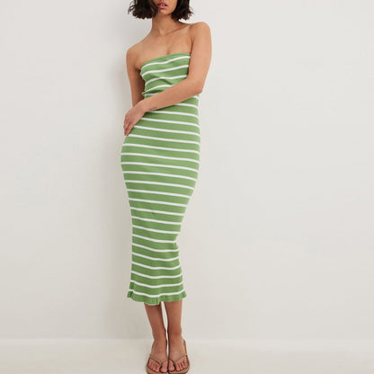 Vacation Dress French Elegant Knitted Maxi Dress Summer Striped Stitching Sexy Strapless Dress Maxi Dress