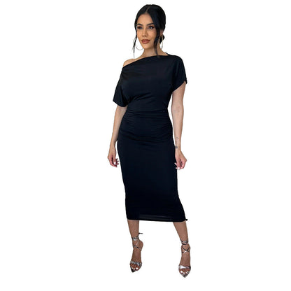 Women Clothing Popular Solid Color Pleated Slim-Fit Oblique Shoulder Dress