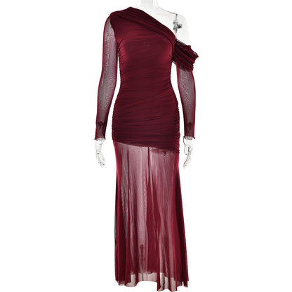 Women Dress Mesh Stitching Pleated Solid Color Long Sleeve Slim Fit Maxi Dress