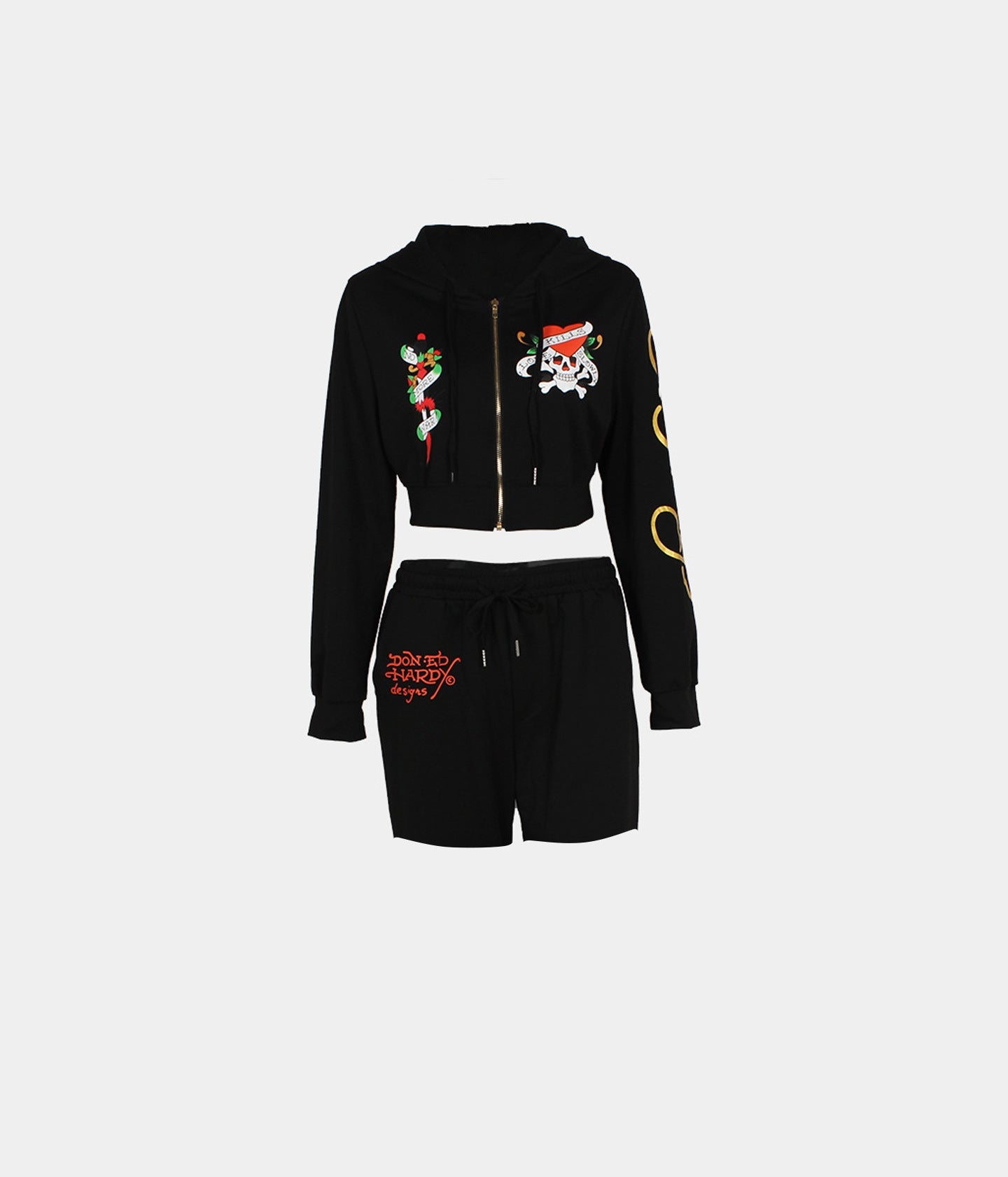 Brand Street Skull Heart Printing Basic Zipper Short Cardigan High Waist Straight Leg Pants Two Piece Sets Women