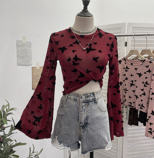 Sexy Butterfly Flocking Shiny Mesh Long Sleeve T shirt Large Bell Sleeve Short Slim Top
