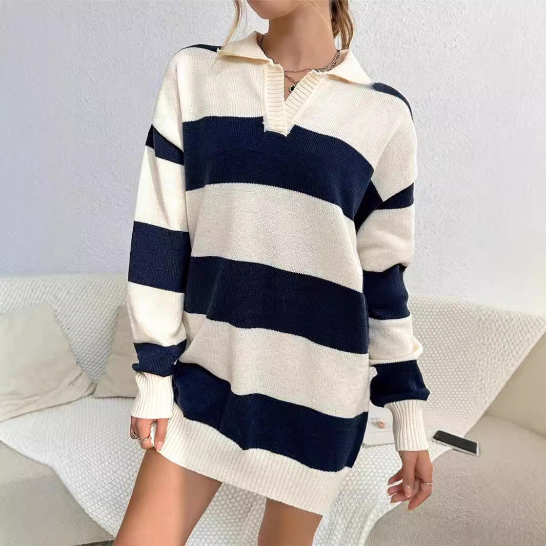 Autumn Winter Contrast Color Stripes Loose Slimming Knitted Woolen