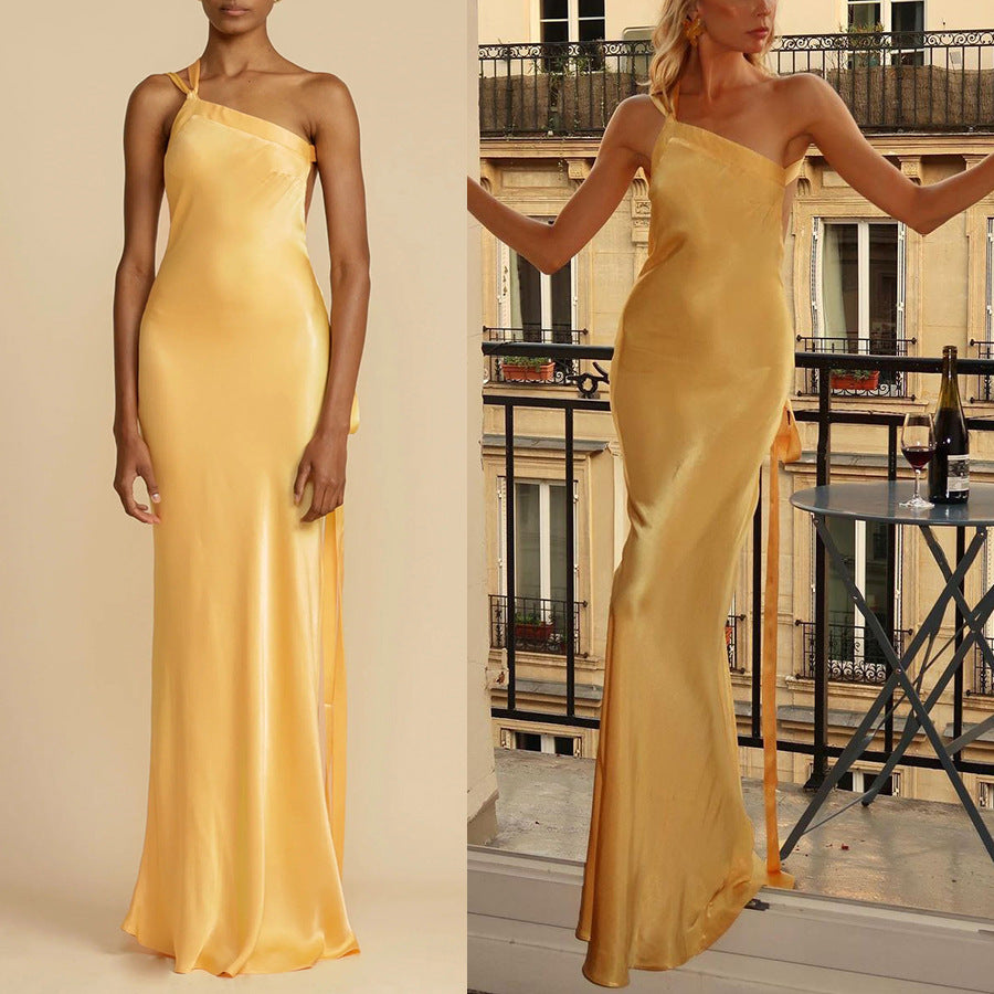 Spring and summer new party oblique shoulder slim dress INS casual elegant party fashion satin dress