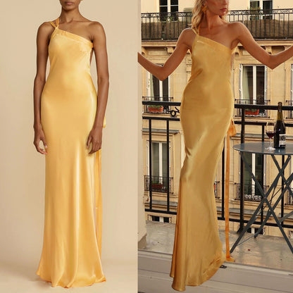 Spring and summer new party oblique shoulder slim dress INS casual elegant party fashion satin dress