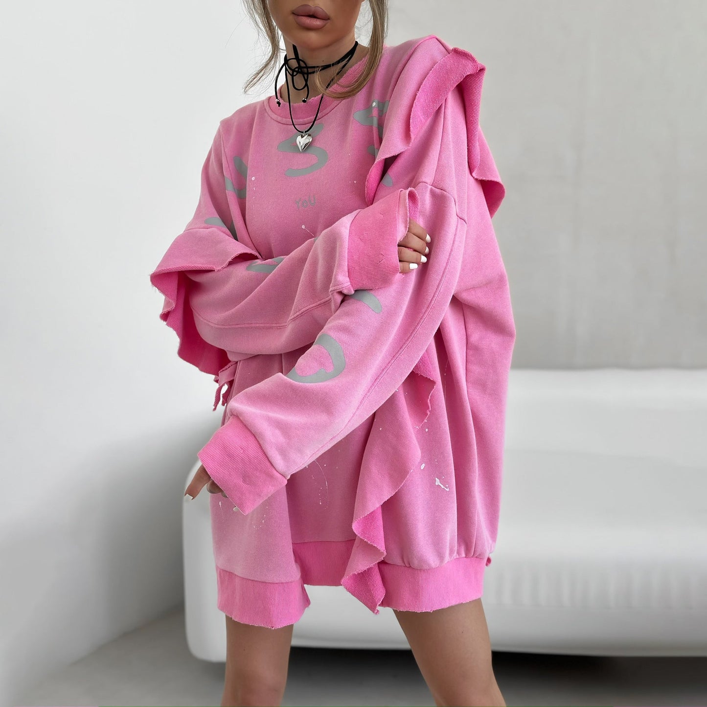 Street round Neck Mid Length Loose Lotus Leaf Sweatshirt Women Summer Dopamine Printing Sweatshirt Top