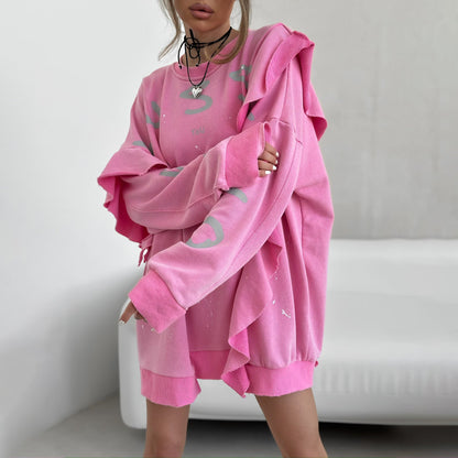 Street round Neck Mid Length Loose Lotus Leaf Sweatshirt Women Summer Dopamine Printing Sweatshirt Top