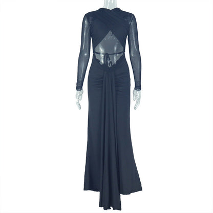 Elegant Simple Women Clothing Sexy Slim Hip Micro Transparent One Step Solid Color Pleated Wrapped Chest Length Dress