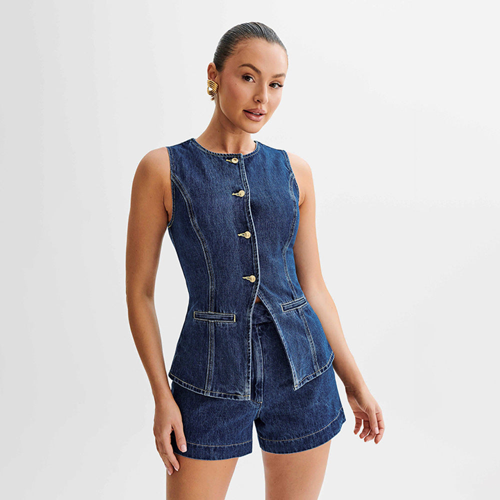 2025 Summer Foreign Trade Women���s AliExpress Back Vest Shorts Denim Slim Fit Two-Piece Set Suit