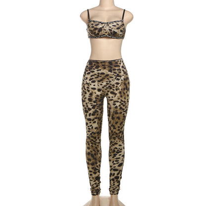 Spring Women Clothing Sexy Sexy Leopard Print Sexy Suspender High Waist Tight Trousers Two Piece Sets